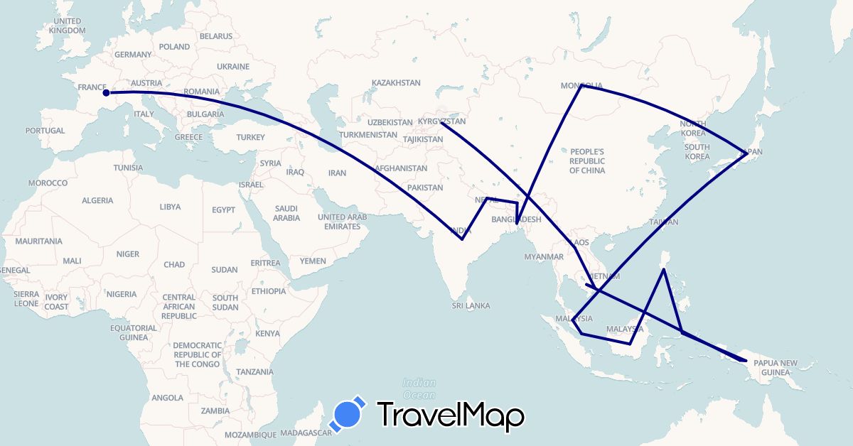TravelMap itinerary: driving in Bangladesh, Bhutan, France, Indonesia, India, Japan, Kyrgyzstan, Cambodia, Laos, Mongolia, Malaysia, Nepal, Philippines, Singapore, Vietnam (Asia, Europe)